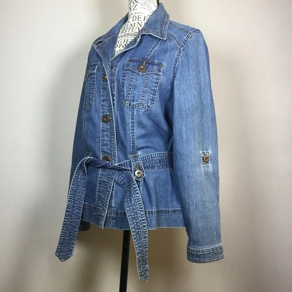 Medium blue denim jacket with belt at the waist western hippie boho size M - Picture 1 of 8